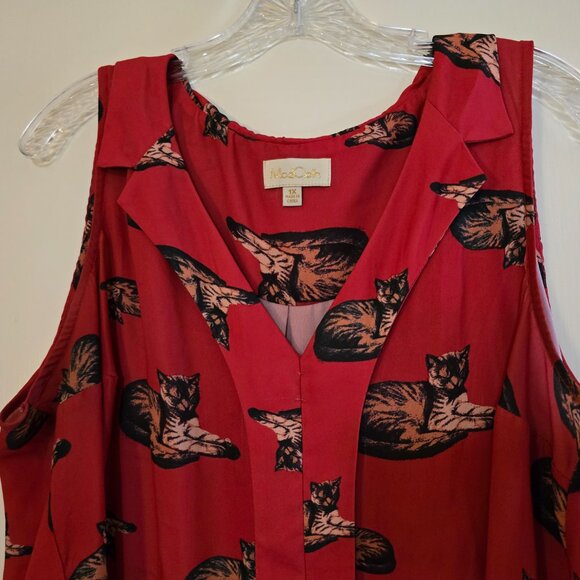 MODCLOTH - Minor Damange -  Cat Print Tank Top Collared V Neck Blouse in‎ Red 1X - Picture 3 of 11